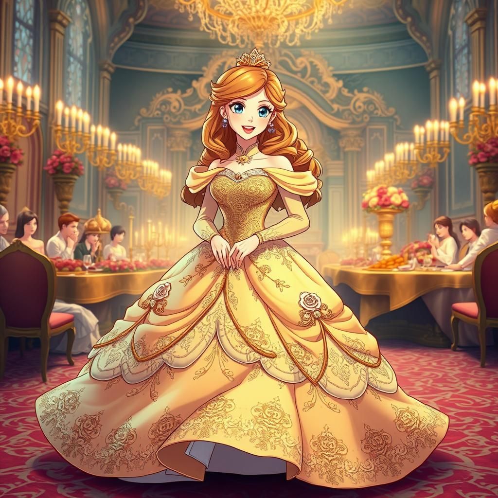 Princess Belle at Lavish Feast in Anime Style