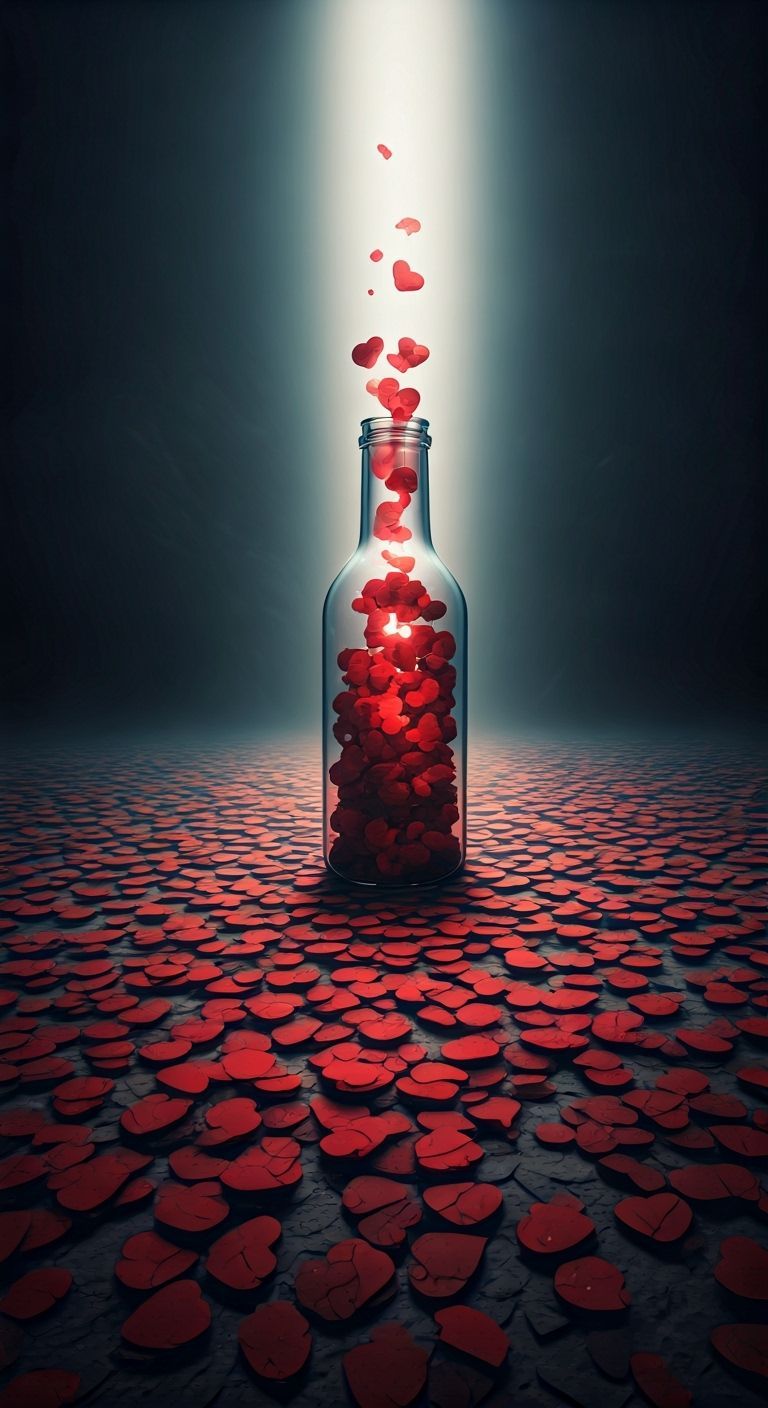 Crimson Hearts in Foggy Landscape