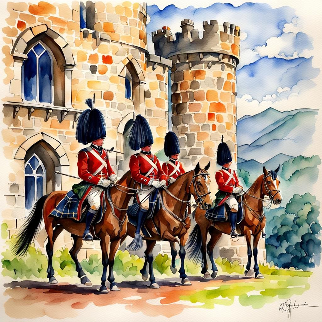 Royal Scots Guards on horses..