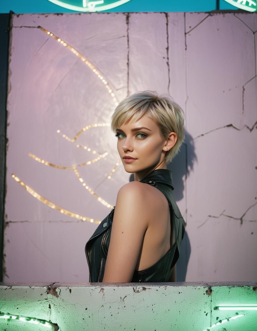 Pixie Woman Poses in Futuristic Building, Comic Art