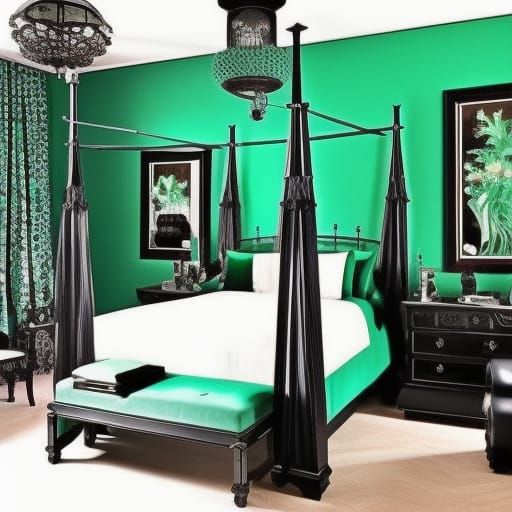 Emerald green Gothic bedroom with Emerald green walls with Black accents& Black Gothic windows& teal green curtains& Eme...