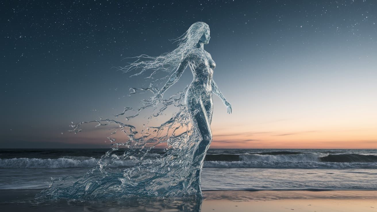 Ethereal Water Nymph Emerges from Ocean Waves at Dawn