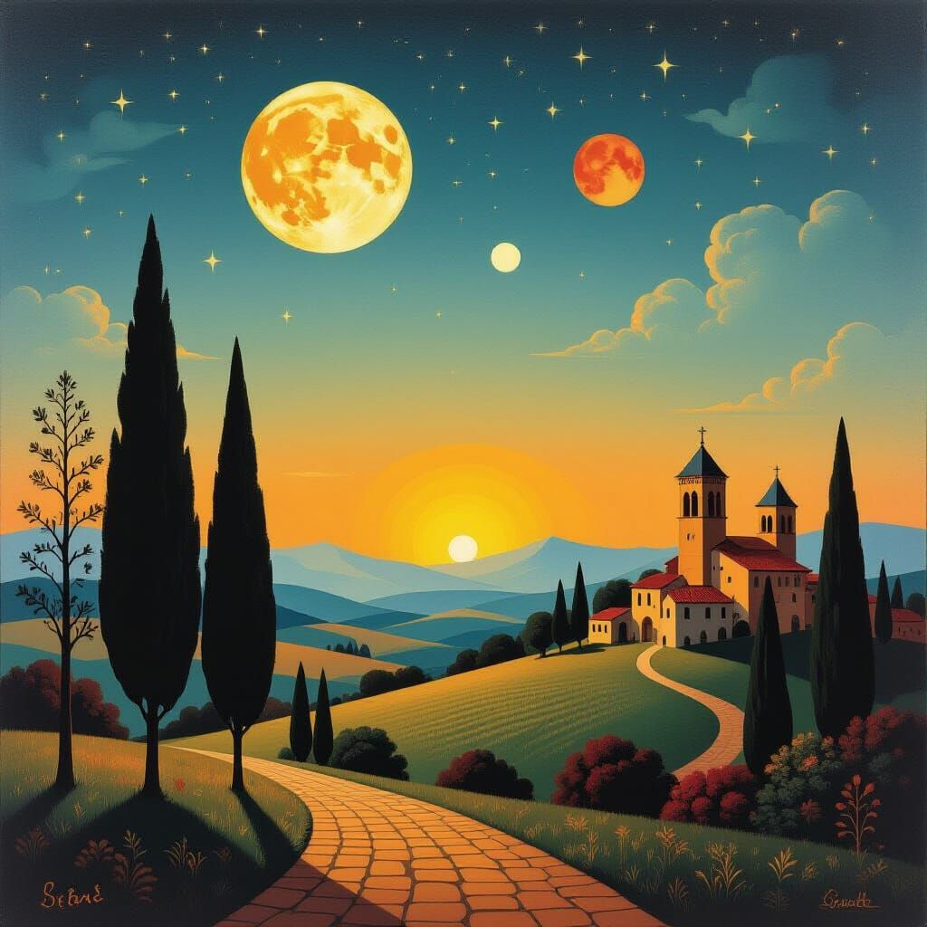 Dreamy Night Skies with Tree and Castle Silhouettes