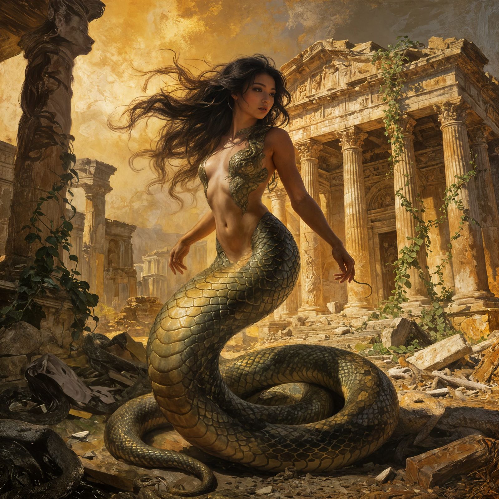 Lamia Serpent Woman in Ruined Roman Temple Oil Painting