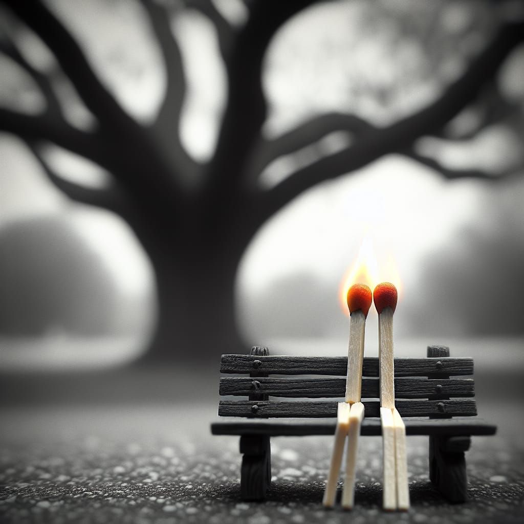 Matchstick Couple Ablaze in Vintage Style Photo