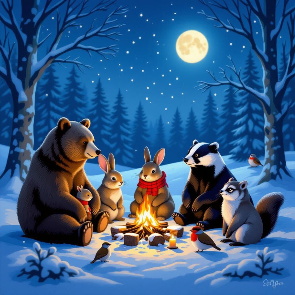 Woodland Creatures Feast by Moonlight
