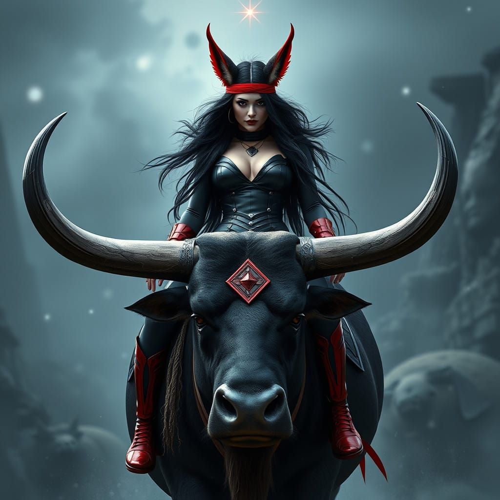 Goth Queen on Majestic Aurochs in Fantasy Realm