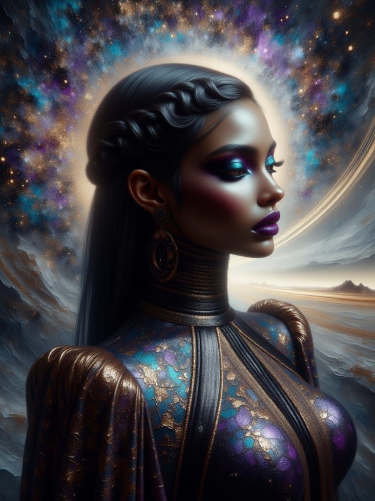 Cosmic Muse Above Saturn in Cinematic Style