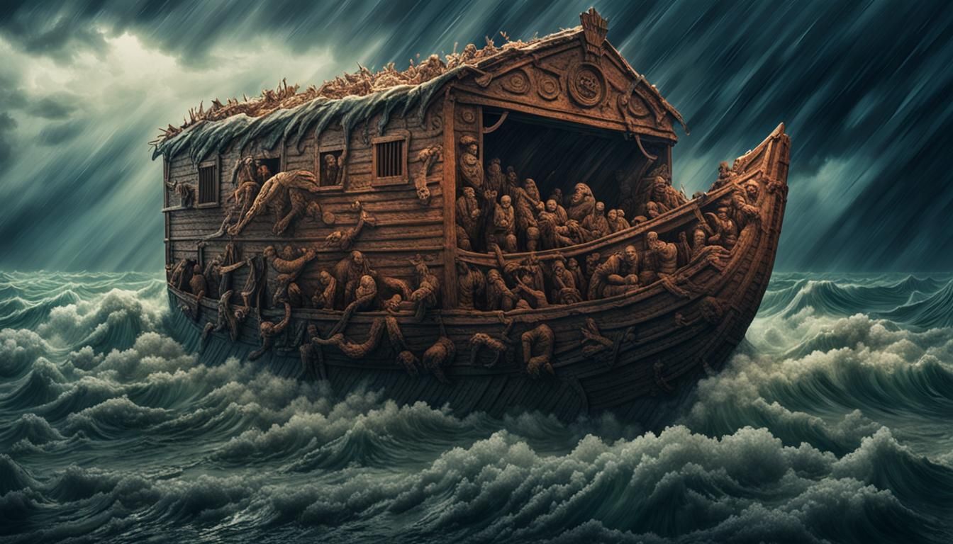 Noah's Ark of Plastic Waste in Stormy Sea
