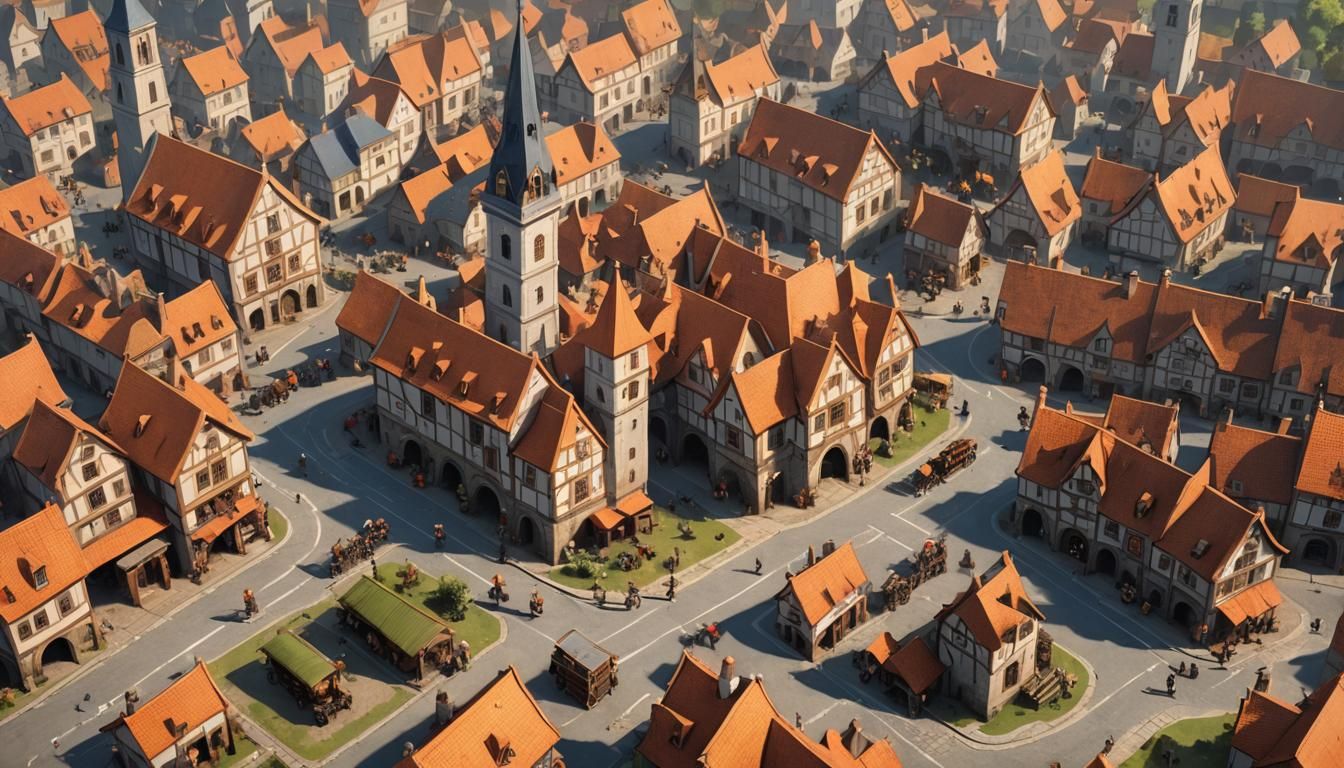 Bustling Medieval Village in Game Style