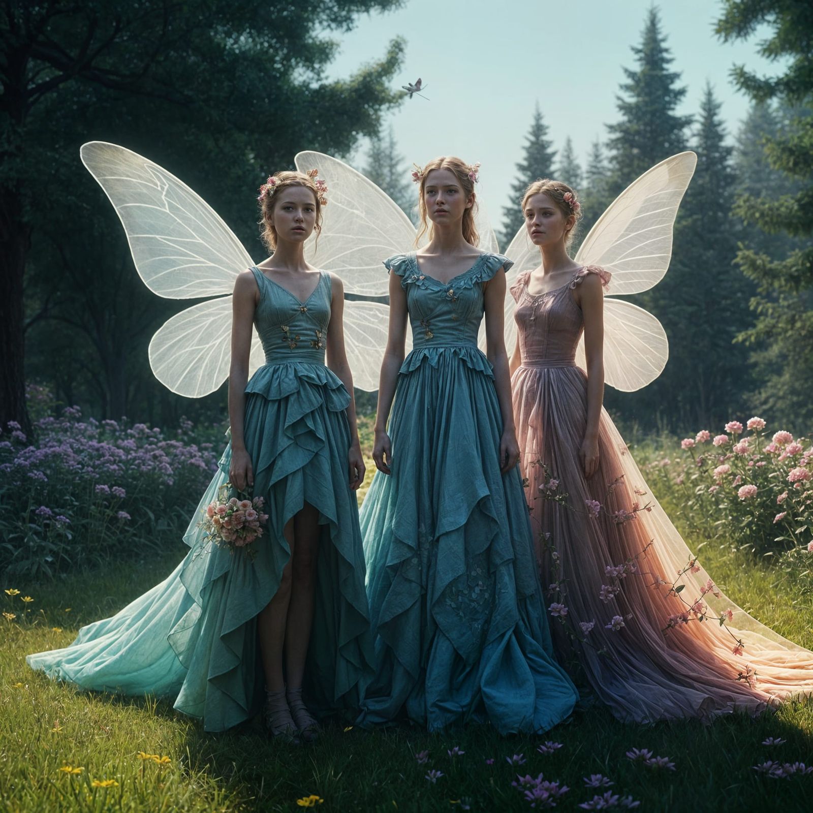 Majestic Fairies Dance Amidst Vibrant Sunflowers