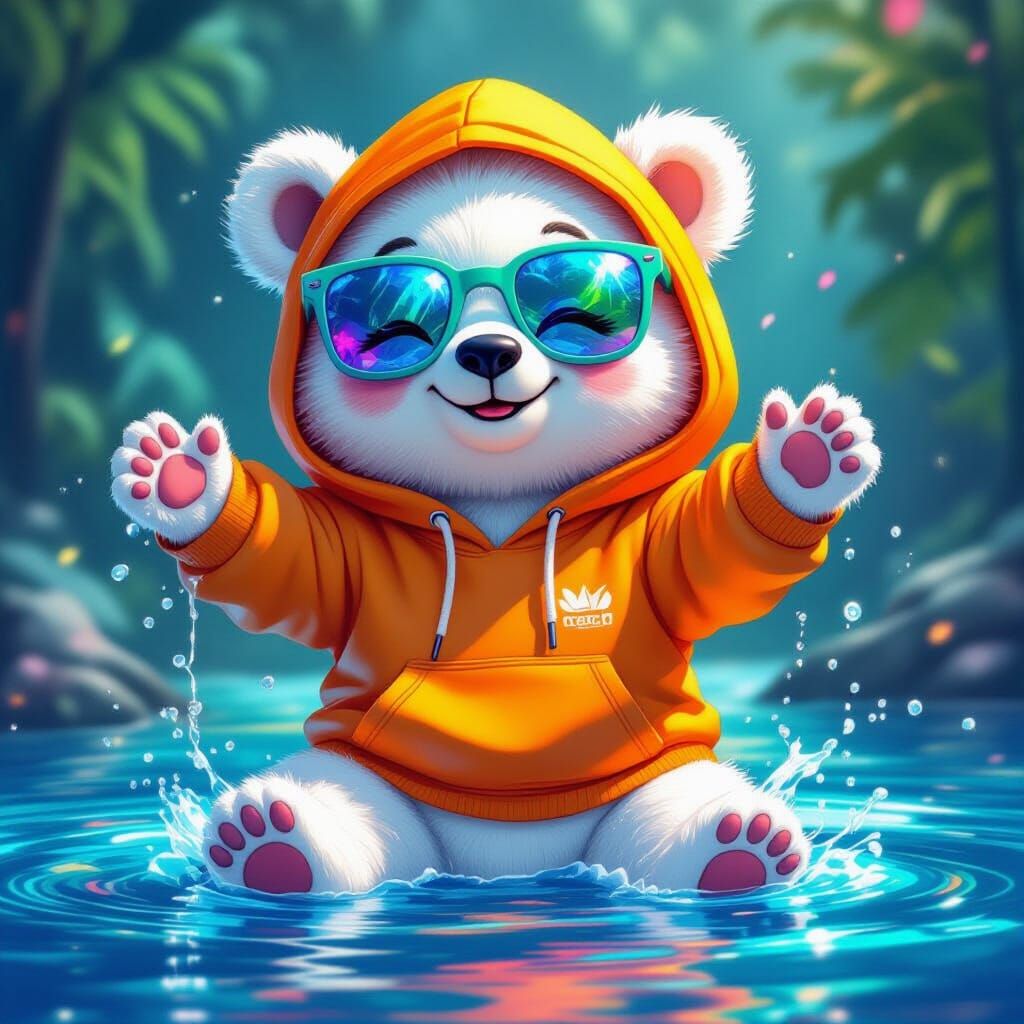 Neon Chibi Polar Bear in Rainbow Water