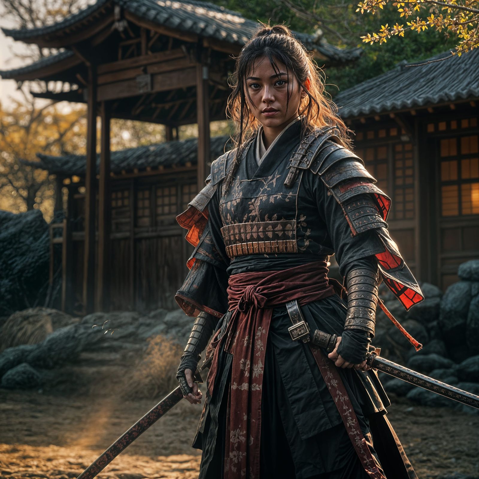 Epic Female Samurai Film Still in Warm, Golden Hour Light