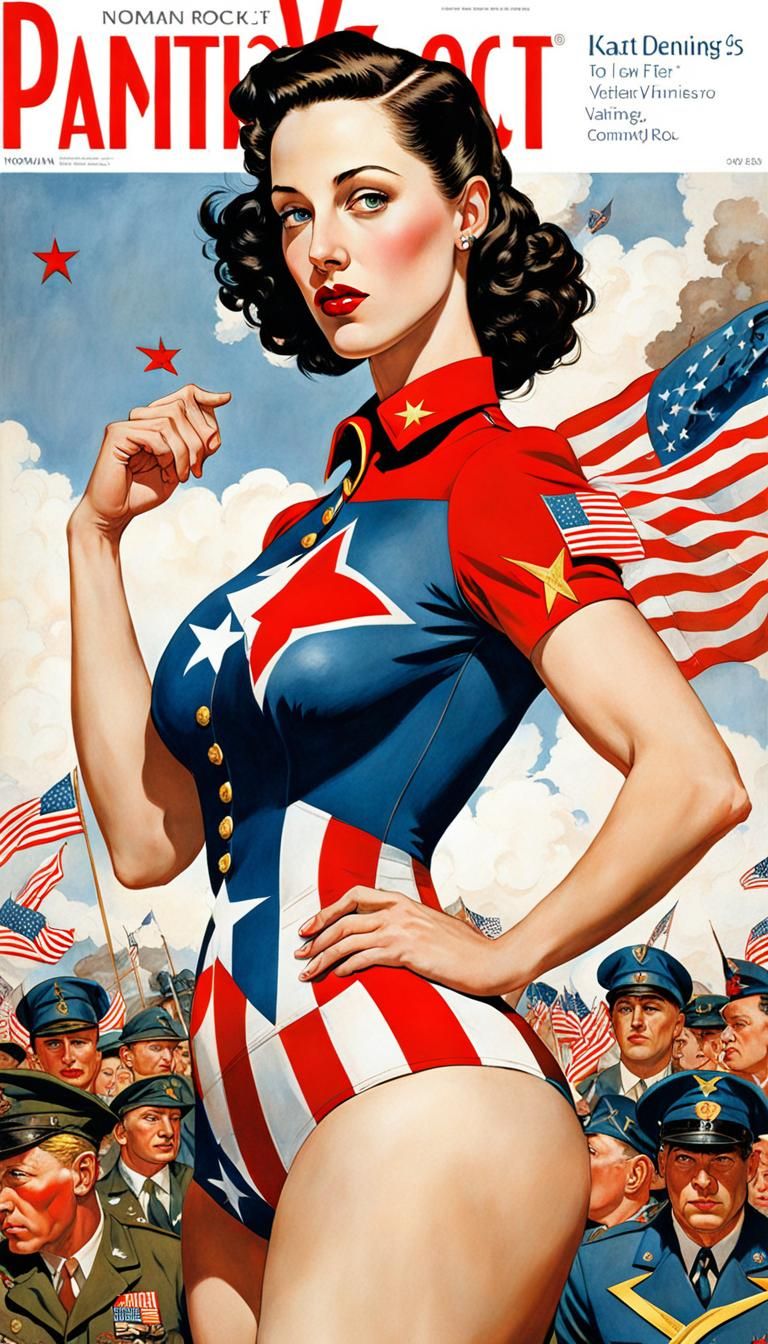 Kat Dennings as a patriotic World War 2 superhero as illustrated by Norman Rockwell