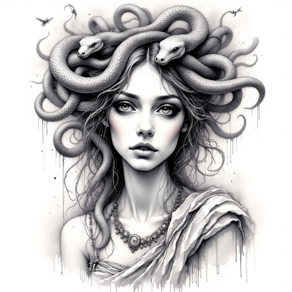 Medusa: Greek Gorgon Queen in Black & White Illustration