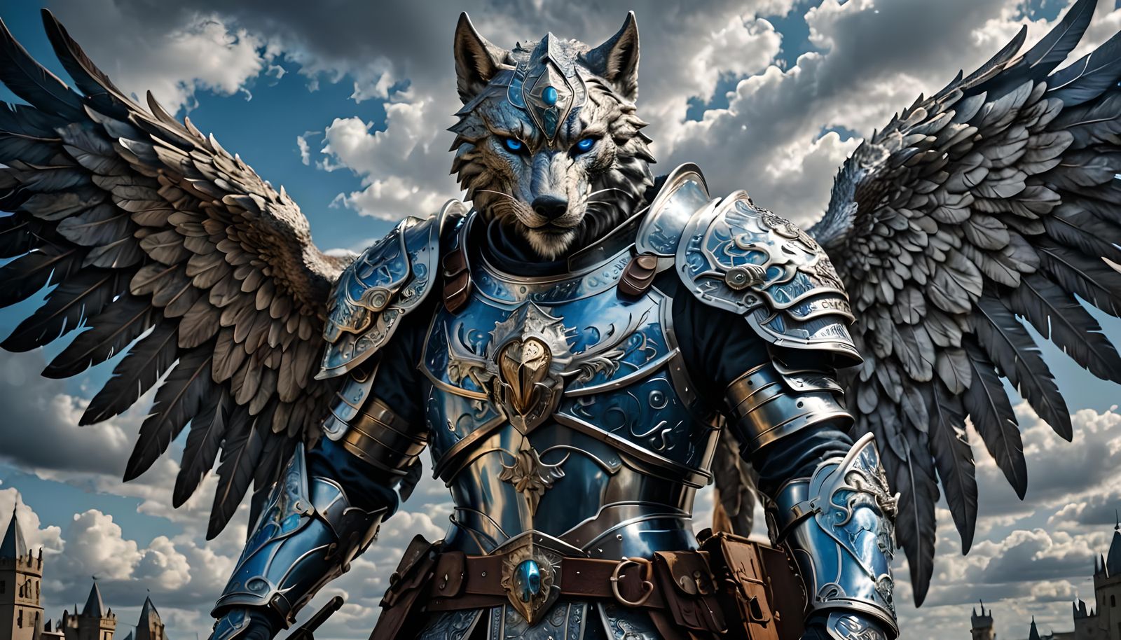 Winged Immortal Warrior with Wolf Shield, Hyperrealistic