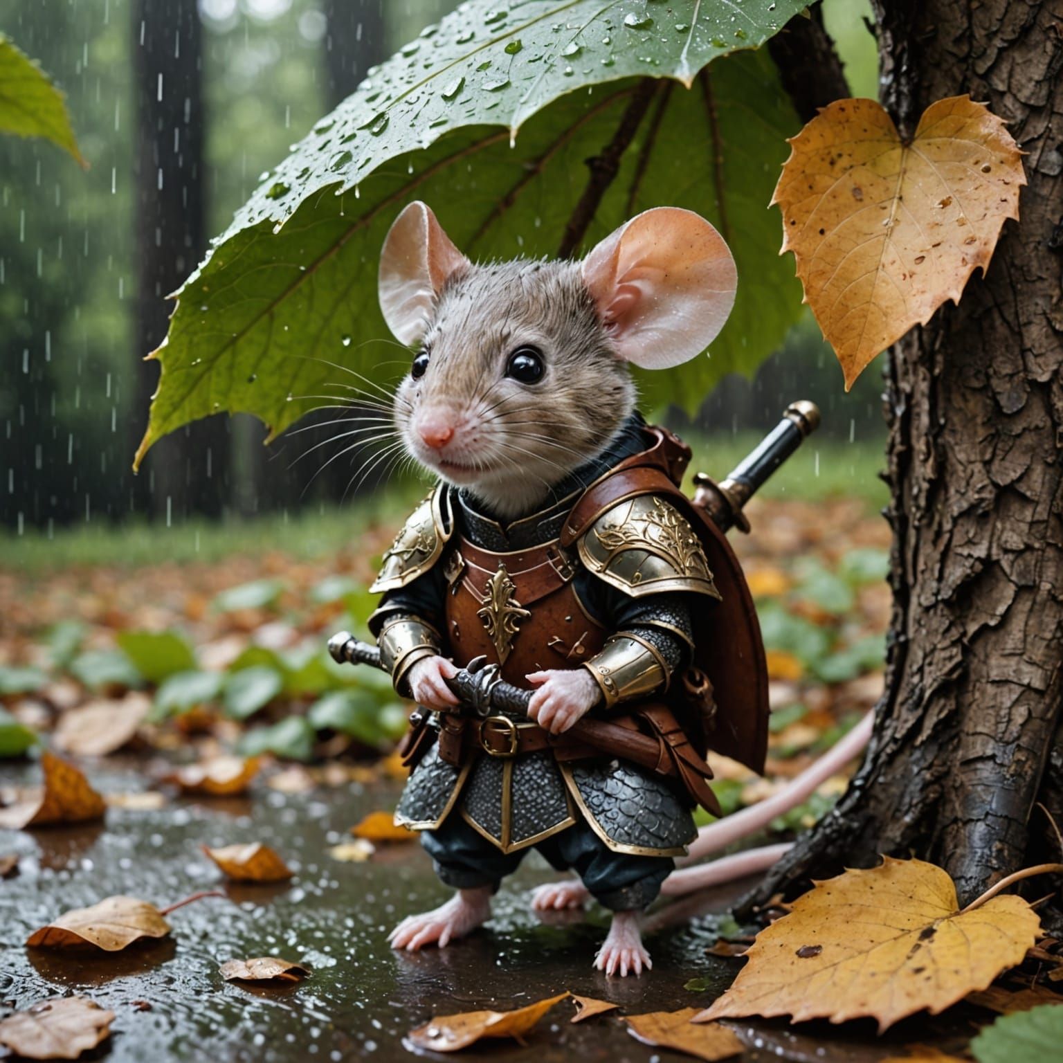 Mouse in Leather Armor Takes Shelter Under Leaf