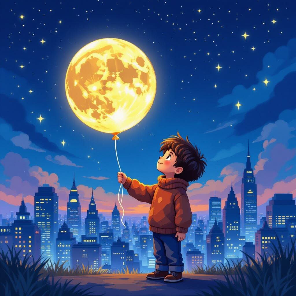 Boy with Moon Balloon in City Nightscape