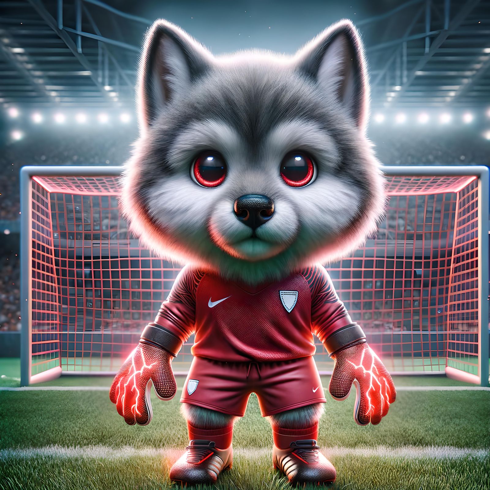 Chibi Wolf Goalie in Stadium with Bioluminescent Gloves