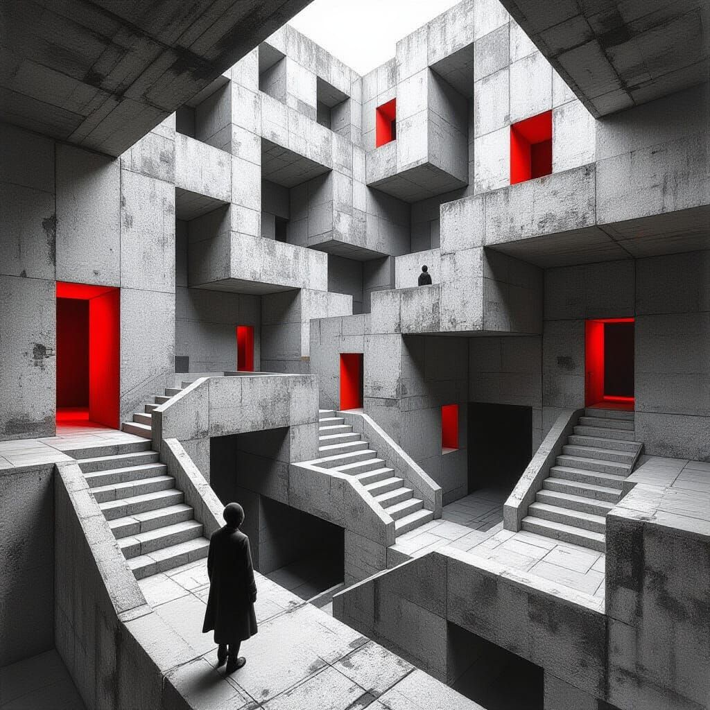 Brutalist Maze with Red Doors in Escher Style