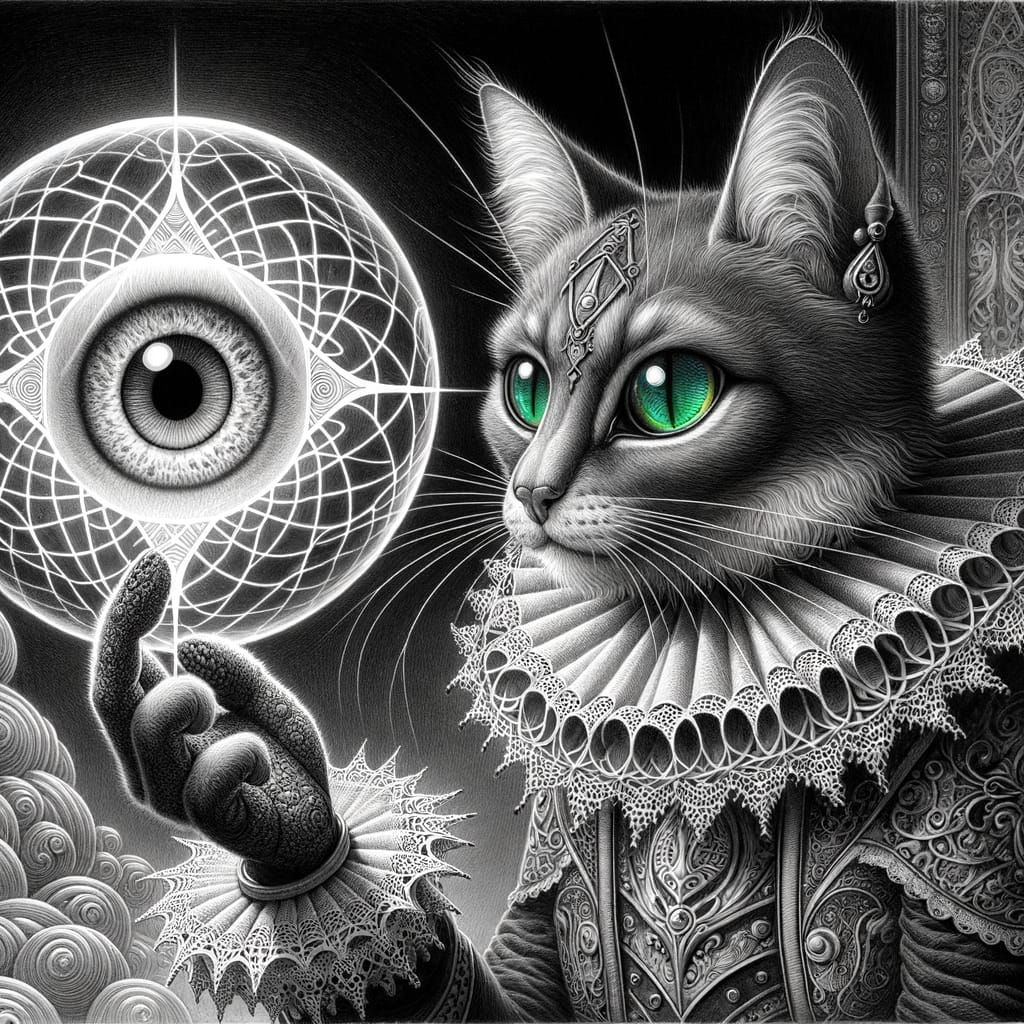Surrealist Cat in Black and White Pencil Sketch