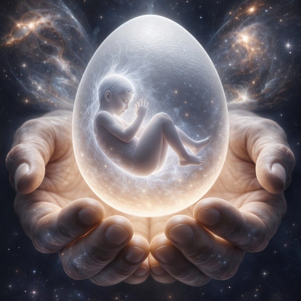 Ethereal Birth of Life and Light in Cosmic Hands