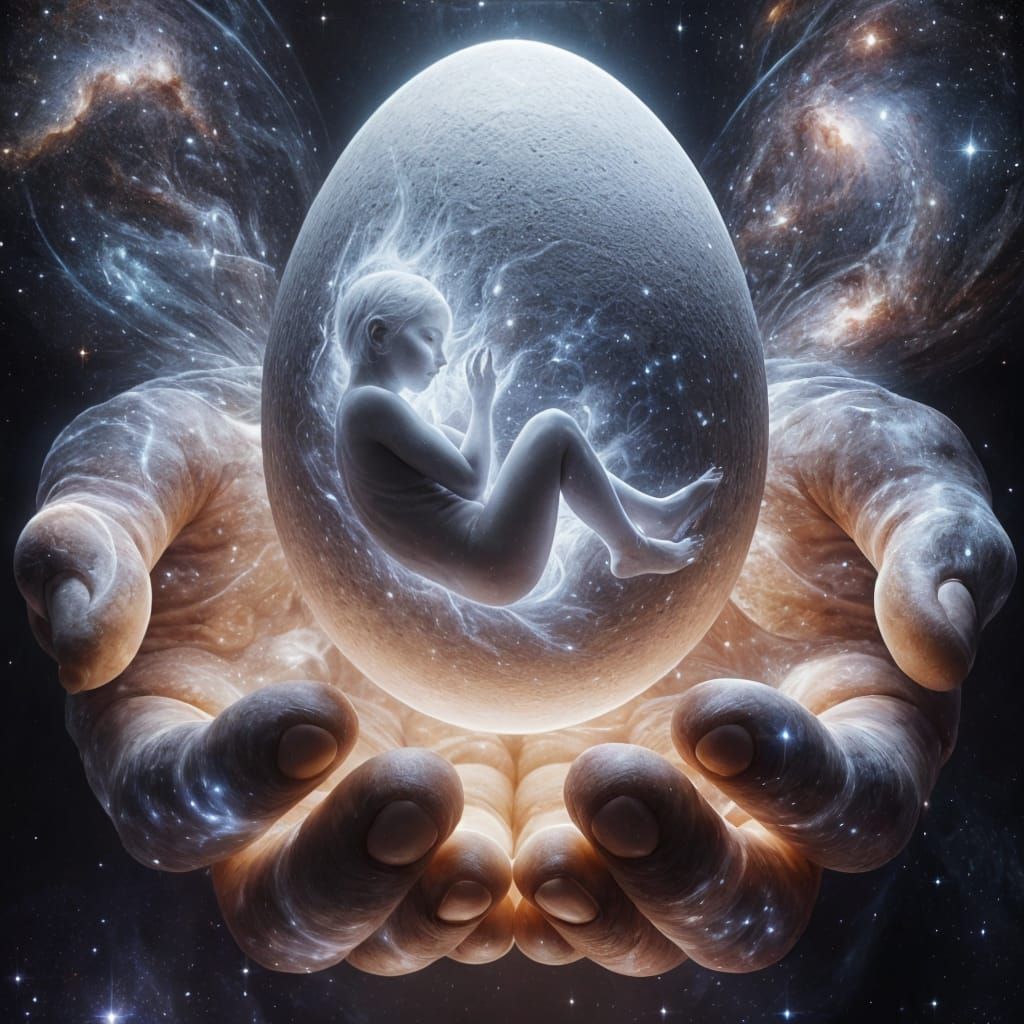 Ethereal Birth of Life and Light in Cosmic Hands