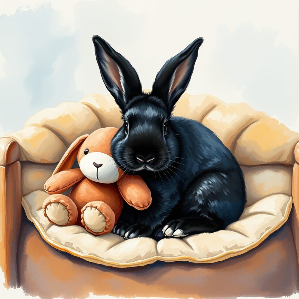 Bunny Cuddles With Stuffed Animal in Watercolor Style
