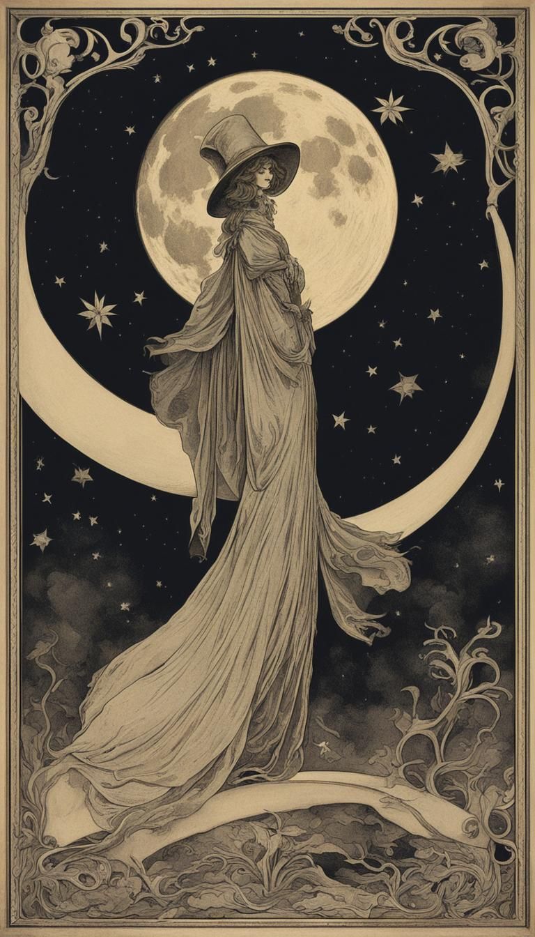 Dark & Moody vintage art Nouveau poster print of a woman standing on a crescent moon vintage moon crescent moon moon wit...