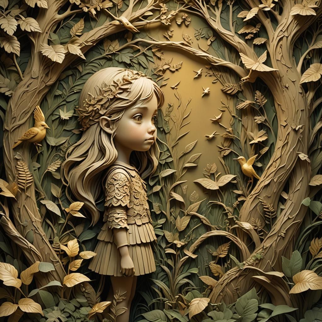 Little Girl in Forest Bas-Relief: Fantasy Concept Art