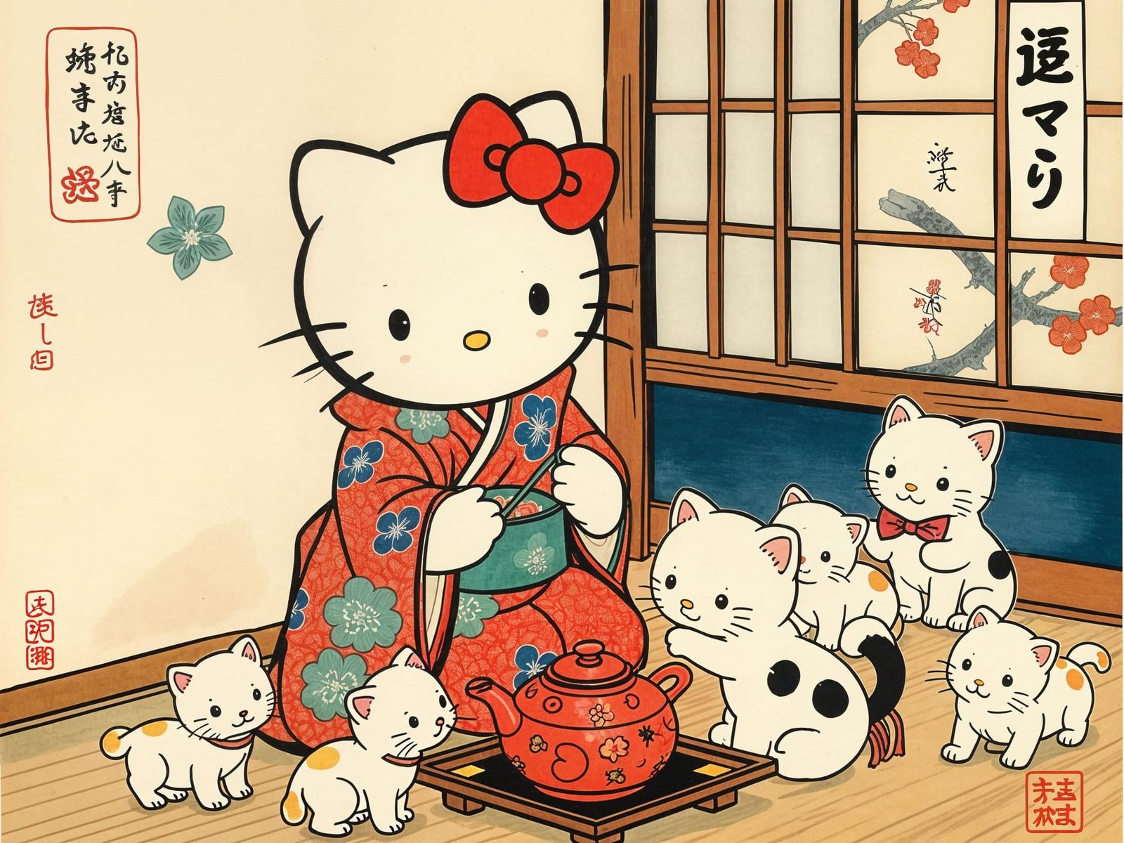 Hello Kitty Leads Tea Ceremony: Ukiyo-e Style