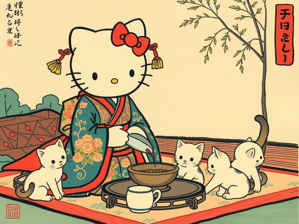 Hello Kitty Tea Ceremony in Ukiyo-e Style