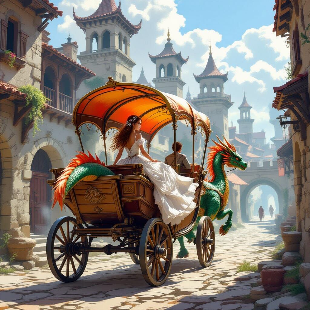 Dragon-Drawn Carriage Through Ruined City