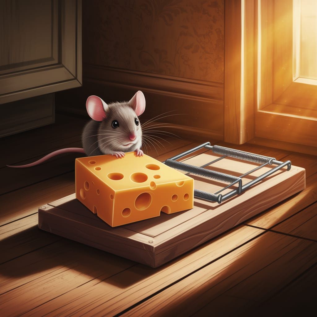 Mouse and Mousetrap in Golden Light