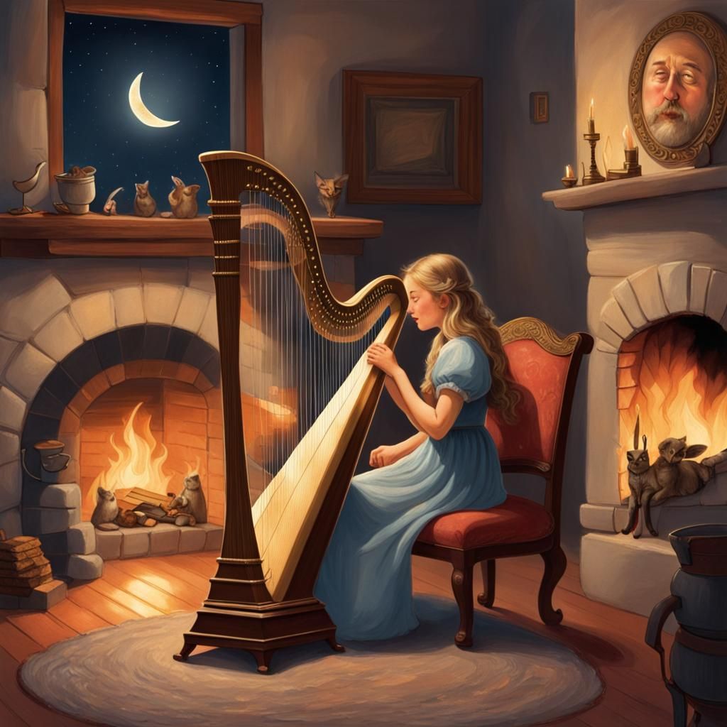 Girl Plays Harp as Moon Winks