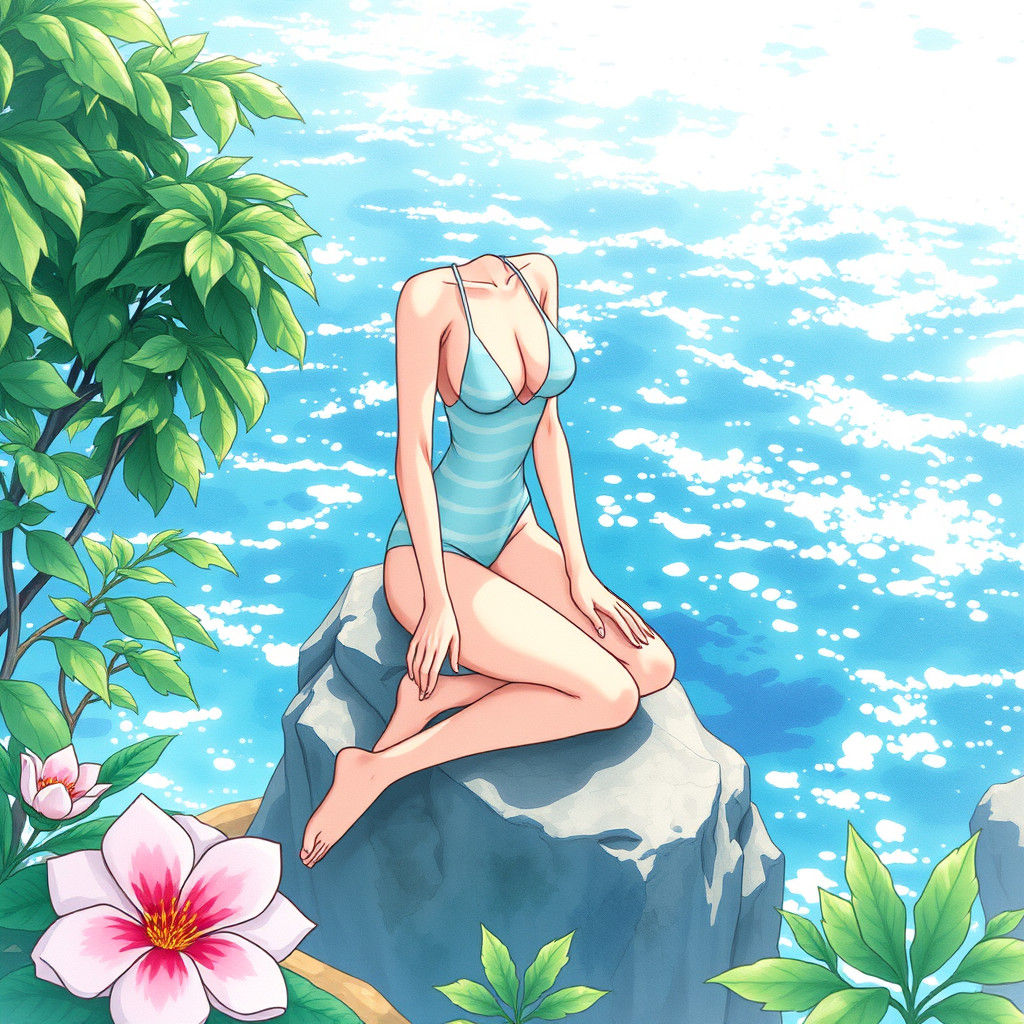 Japanese Manga Woman in Pastel Swimsuit by Ocean