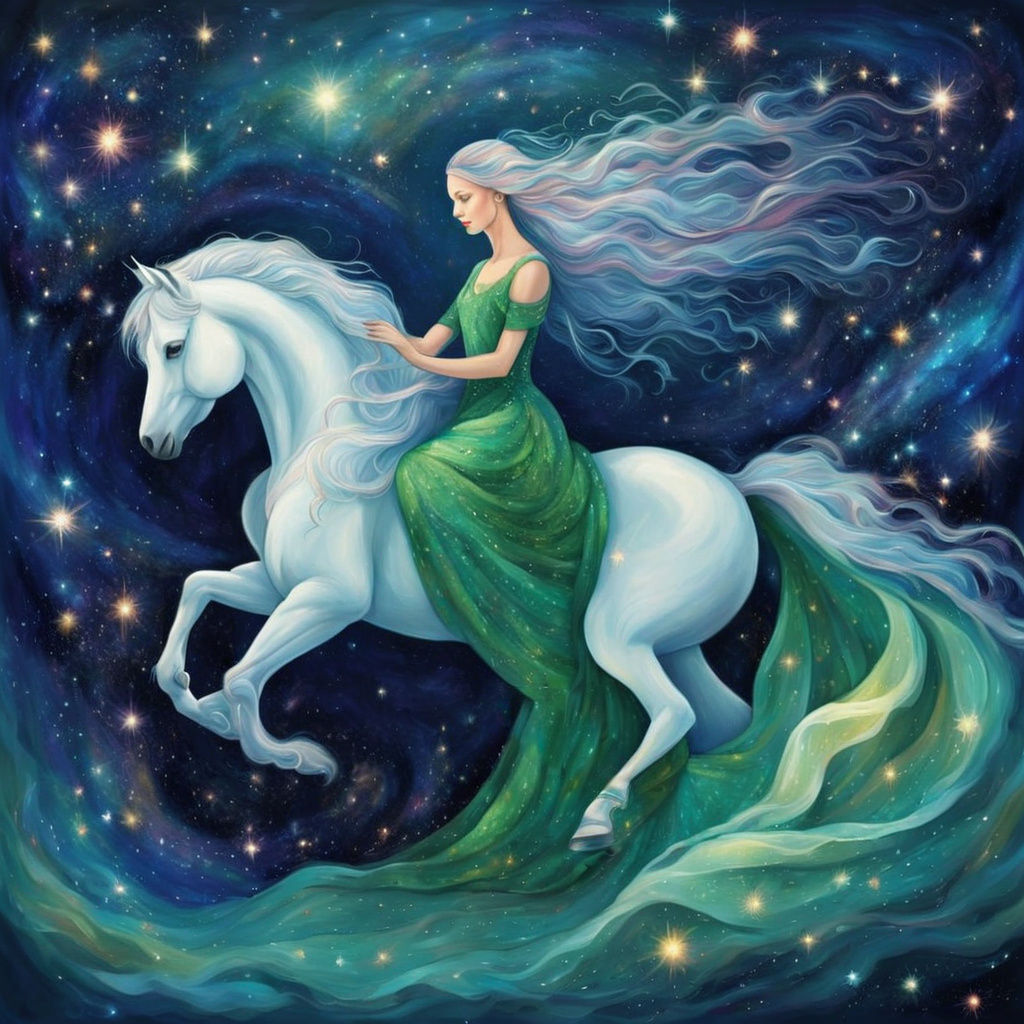 Elegant Lady Rides White Horse in Cosmic Astral Landscape