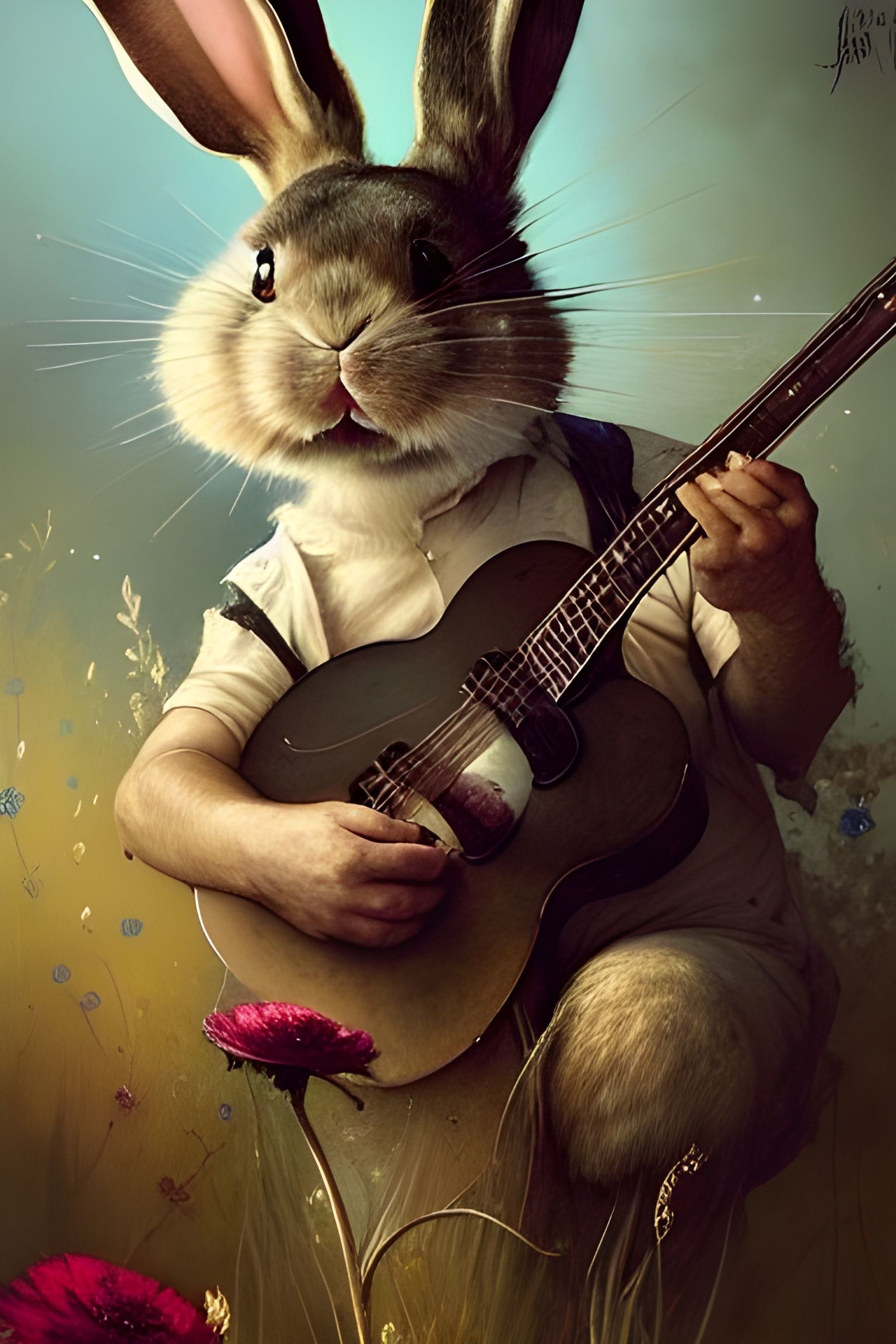 Adorable bunny playing guitare ...