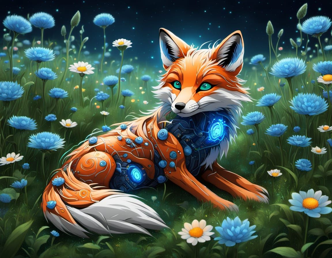 Cybernetic Fox with Child in Meadow
