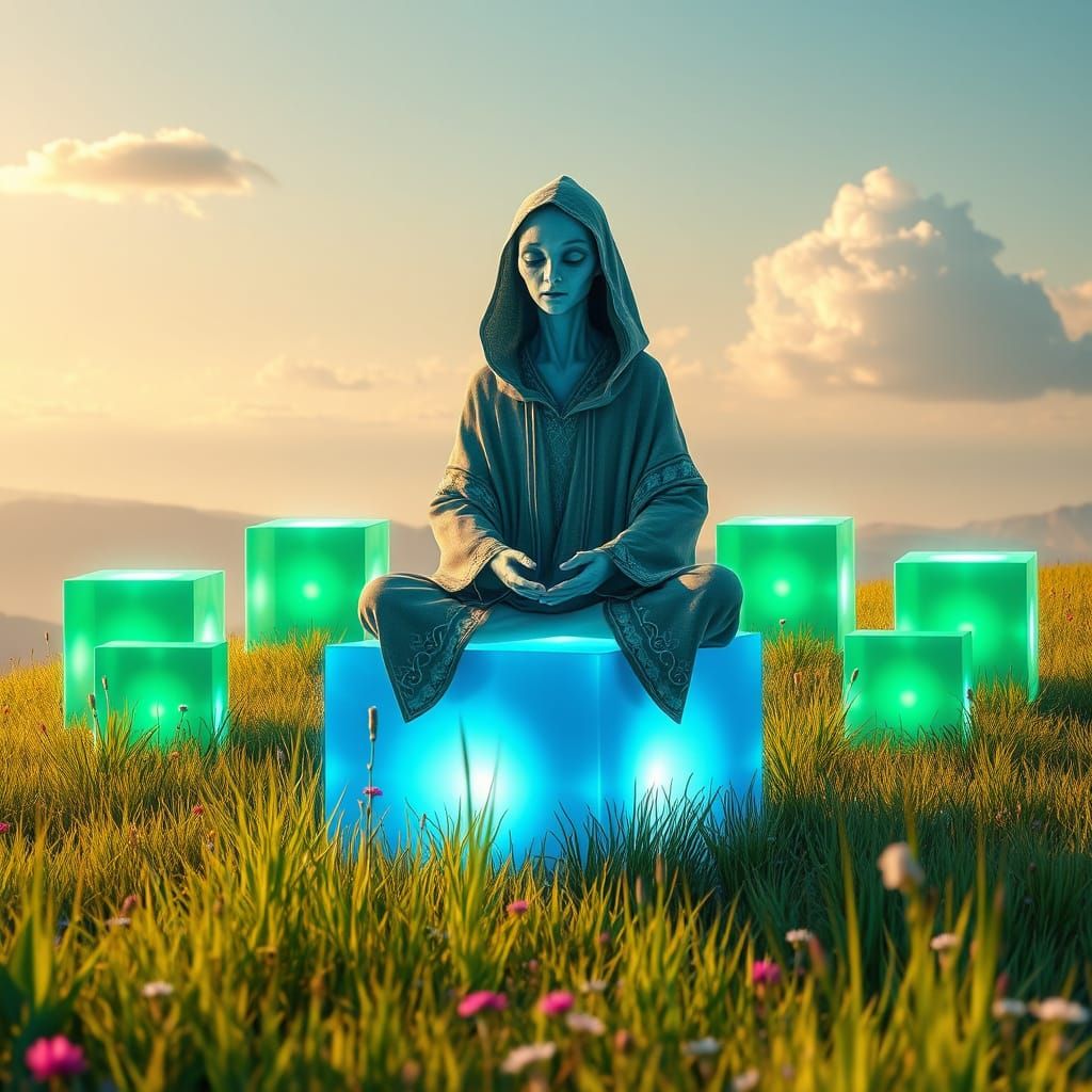 Alien Meditates Amidst Glowing Green Cubes in Serene Futuris...