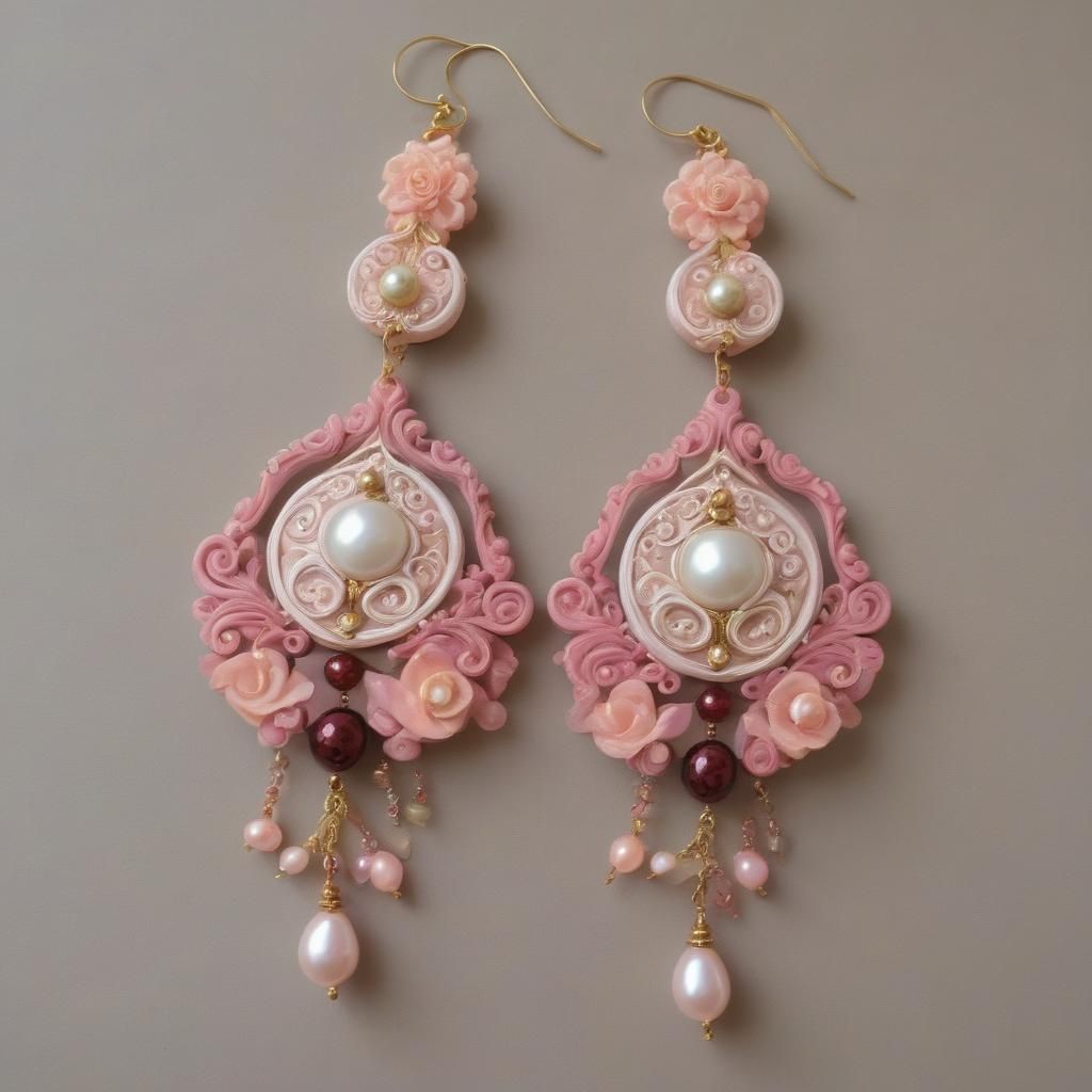 Ornate Polymer Clay Earrings with Pearls and Crystals