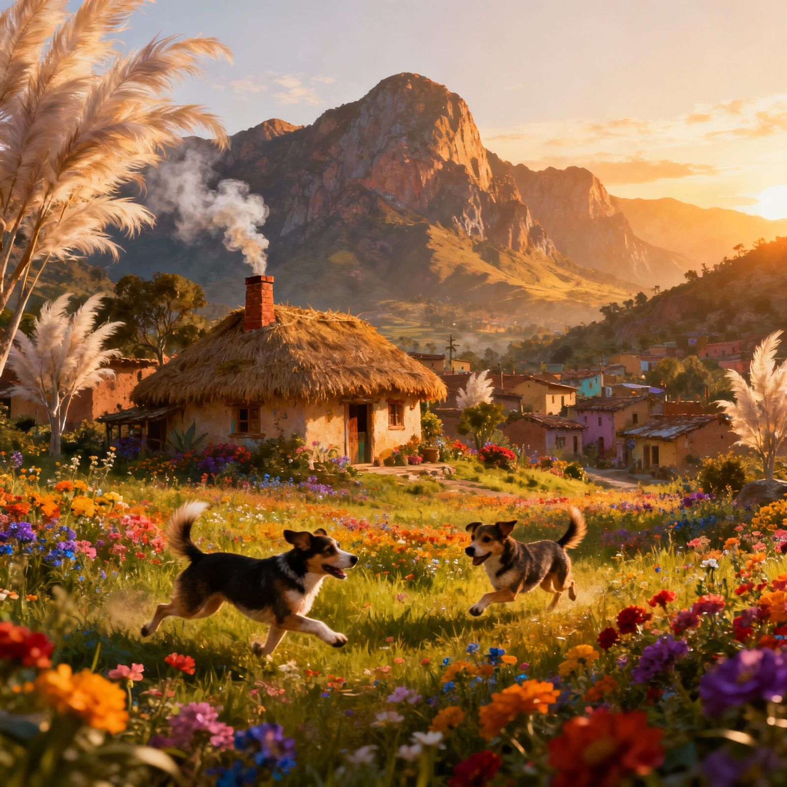 Vibrant Pueblo at Golden Sunrise, Detailed Matte Painting