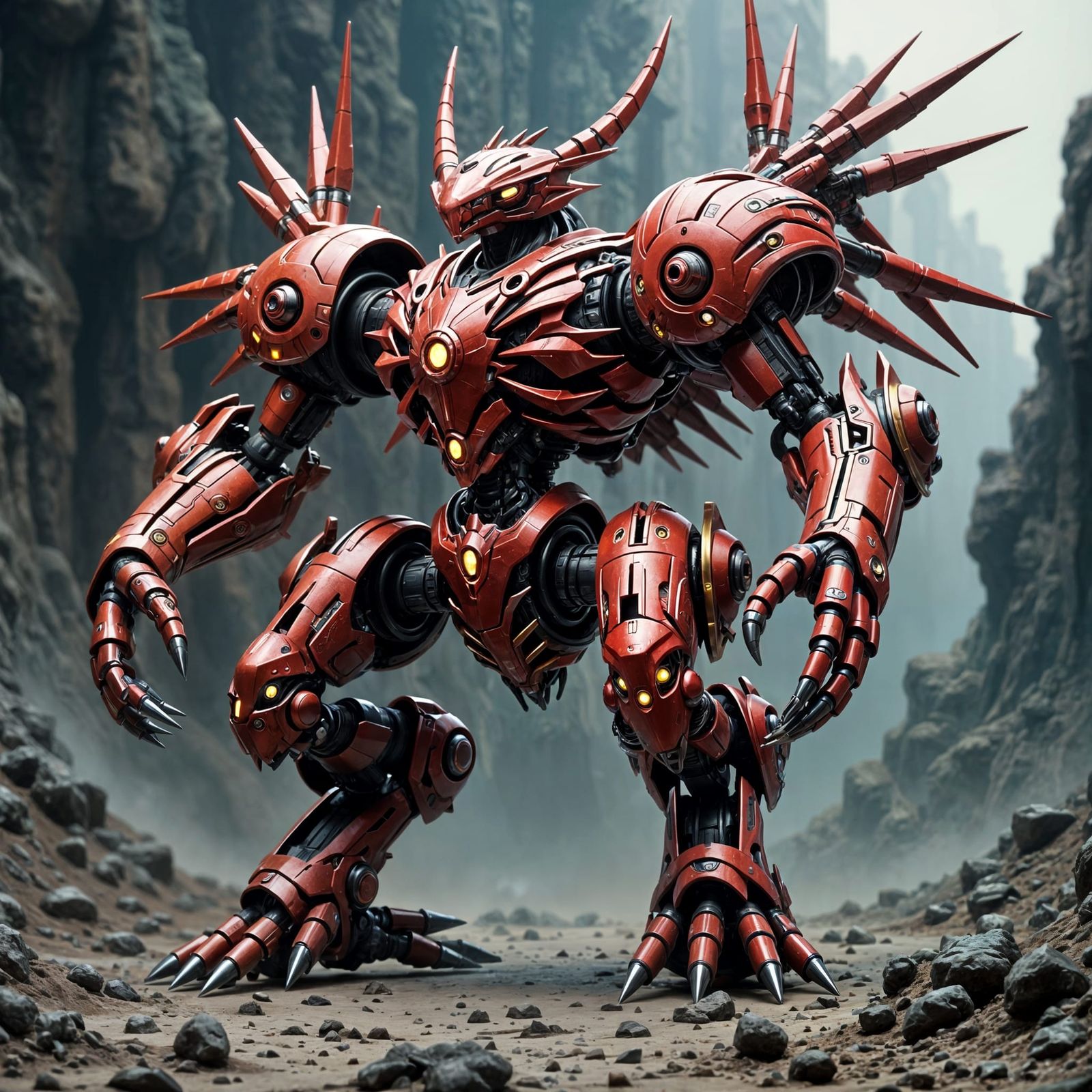 Cyberpunk-Style Red and Gold Demon Mech in Polished Metal
