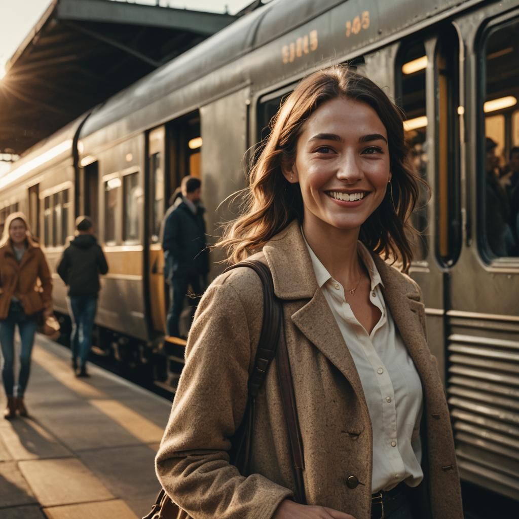 Woman Arriving by Train: Cinematic Golden Hour Scene
