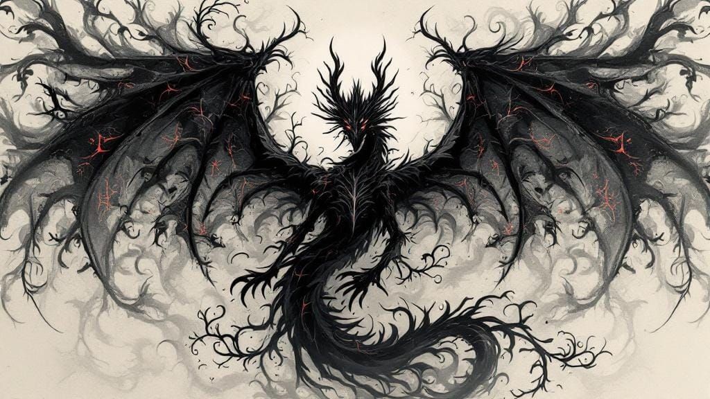 Gothic Dragon Silhouette with Calligraphic Patterns