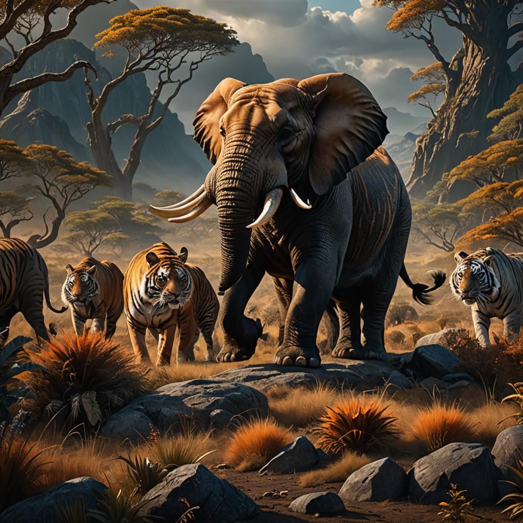 Majestic Elephant-Tiger Hybrid in a Wild Landscape