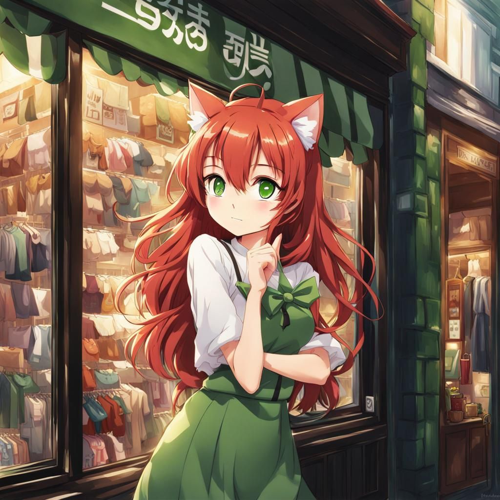 Anime Cat Girl Gazing at Clothing Shop
