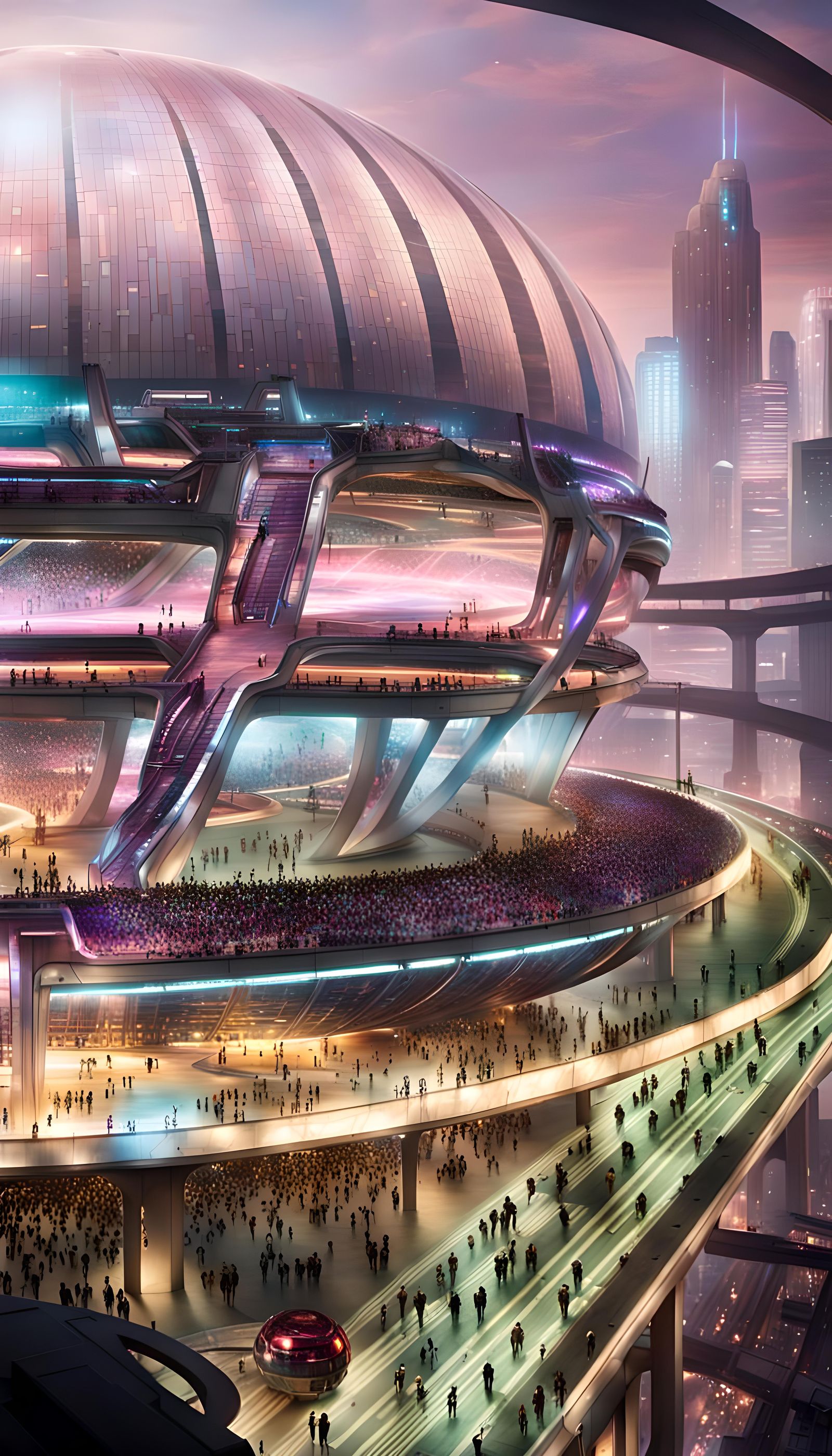 Cyberpunk Metropolis Dominated by Spherical Stadium