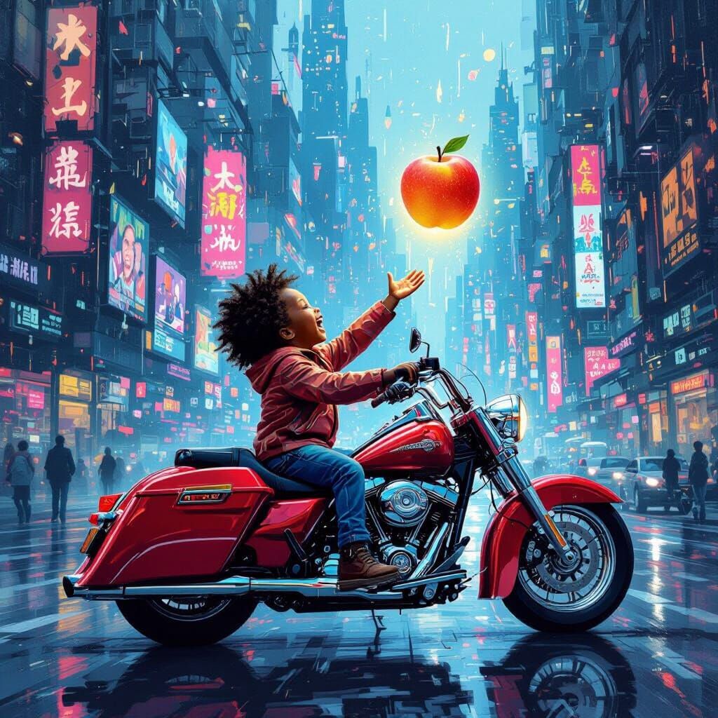 Joyful Child on Motorcycle in Futuristic Cityscape