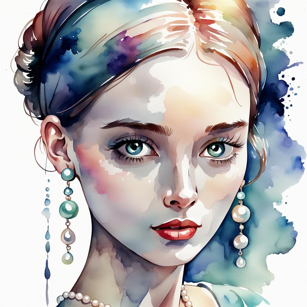 Girl with Pearl Earring in Watercolor Style